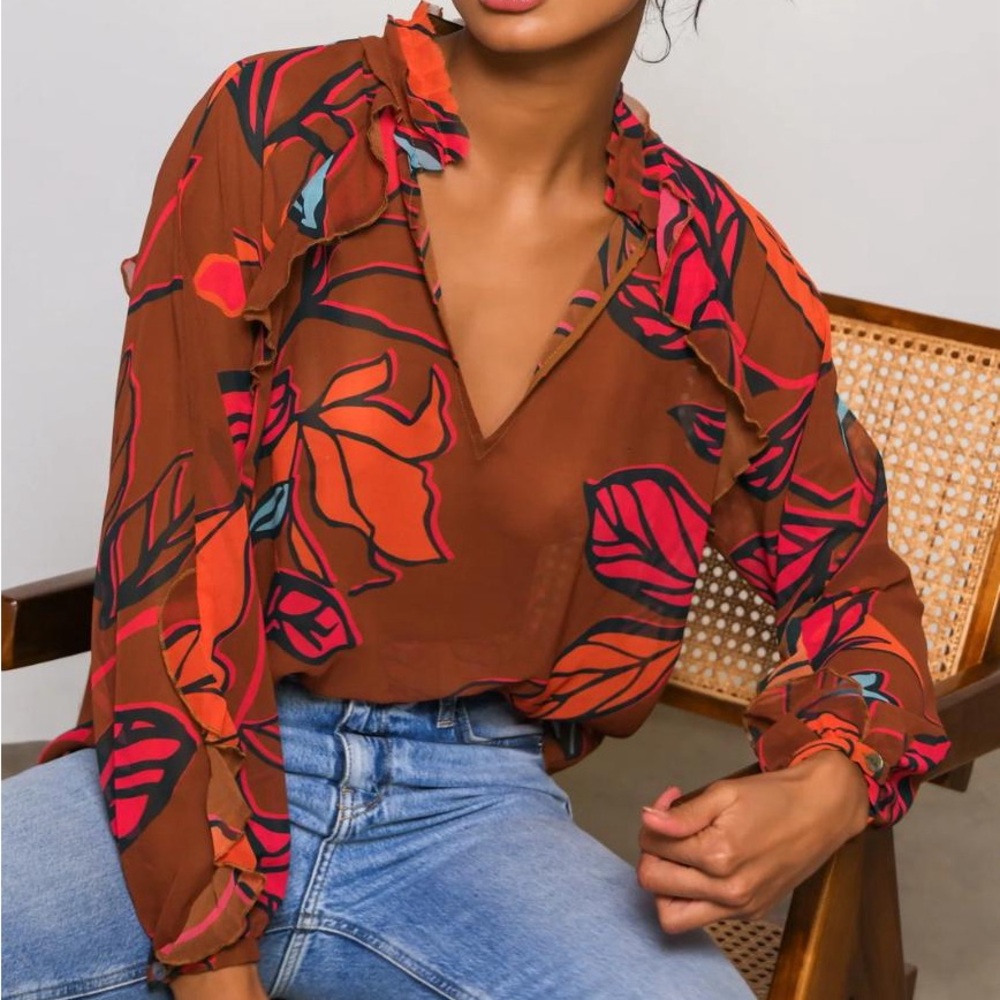 Hutch V-Neck Ruffle Hayes Top Rust Floral Top NWT - Picture 3 of 10